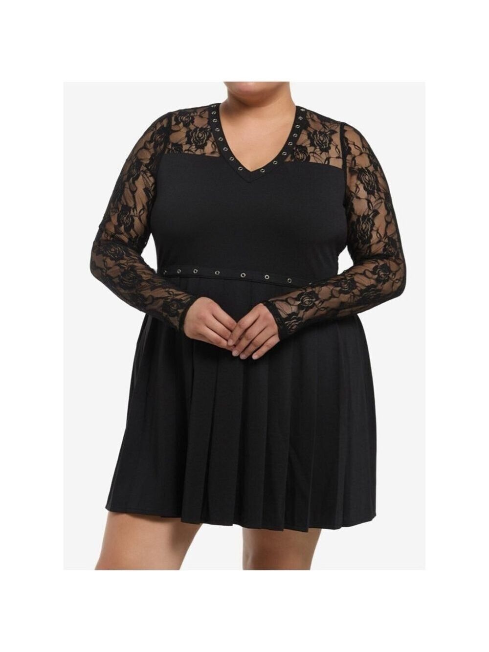 Women’s Goth Black Lace Panel & Grommet Long-Sleeve Mini Dress Plus Size 2X